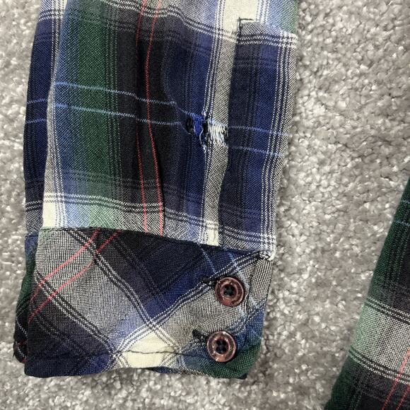 Salt Valley Flannel Shirt Mens Large Rayon Western Plaid Button Up *Distressed* - Picture 9 of 16